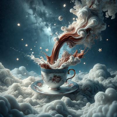 The primary subject of the image is a cup of coffee, which is the main object in the scene. The setting is a cloudy sky, and the visual style is digital art. The dominant colors in the image are white and brown, creating a warm and cozy atmosphere.